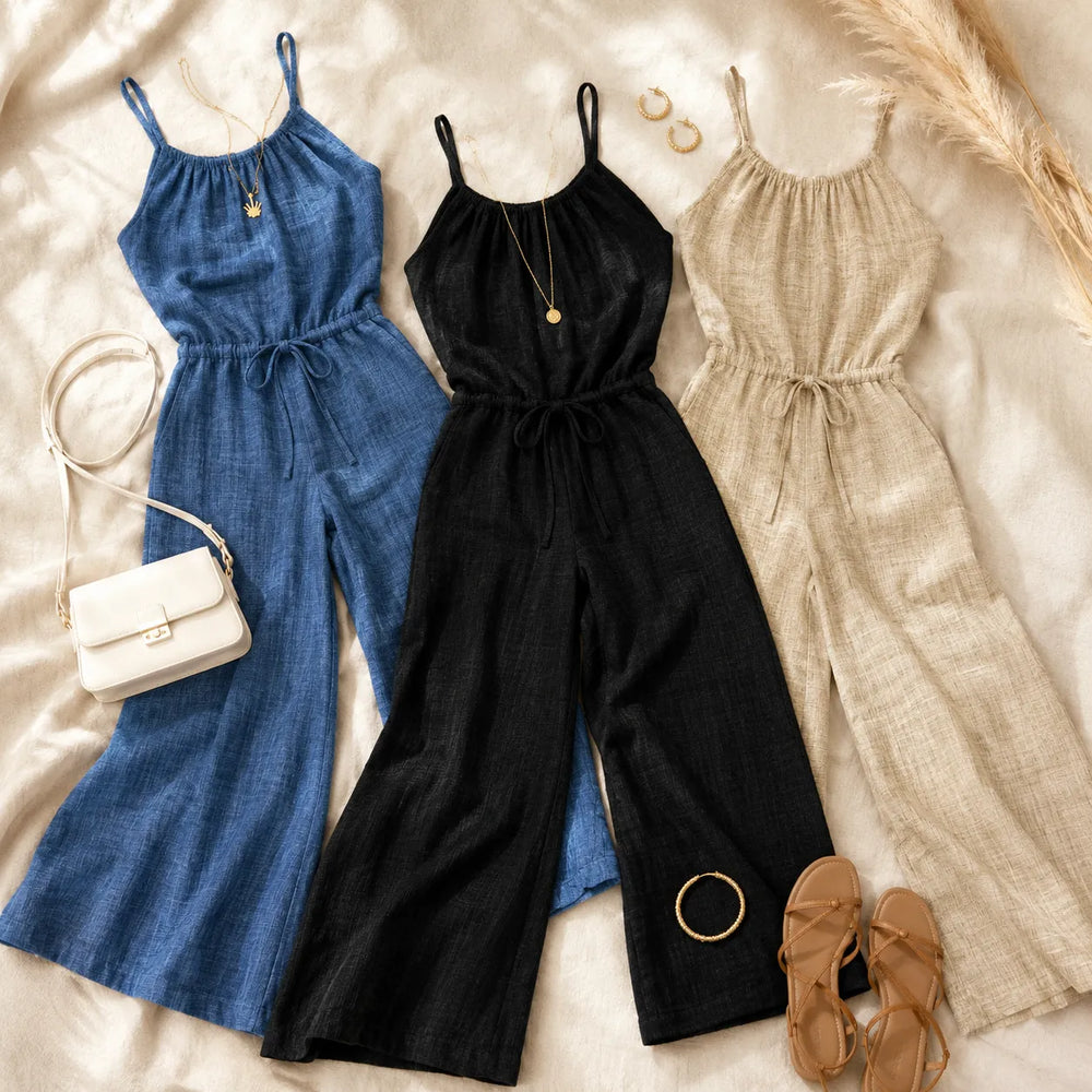 Soraya – Halter Wide-Leg Drawstring Jumpsuit, Summer Denim-Look