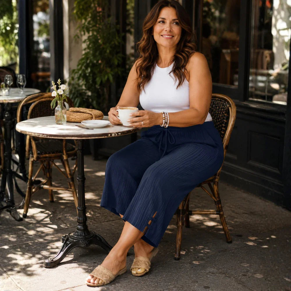 Velora – Ribbed Wide-Leg Capri Pants with Drawstring Waist & Side Slit, Plus Size 1XL–5XL