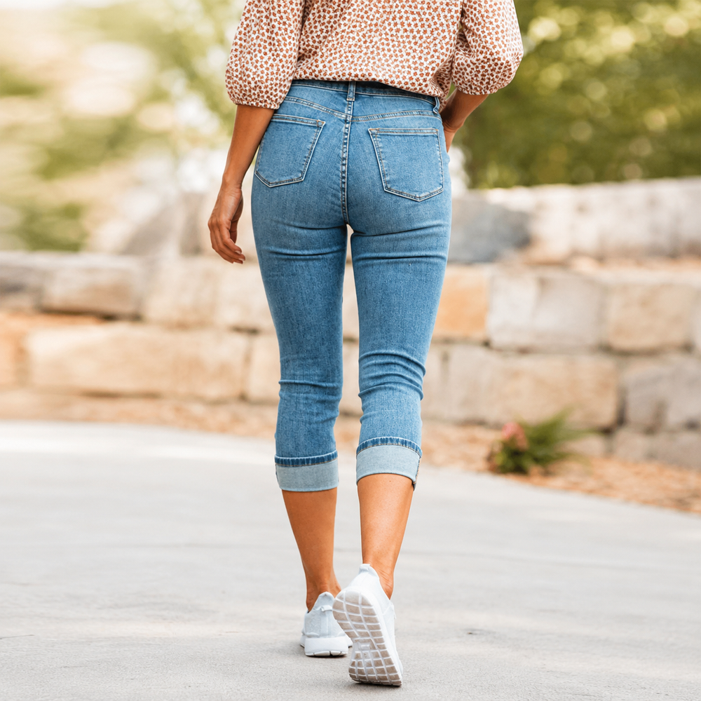 Cuffova – Women's High Waist Stretch Capri Jeans with Cuffed Hem