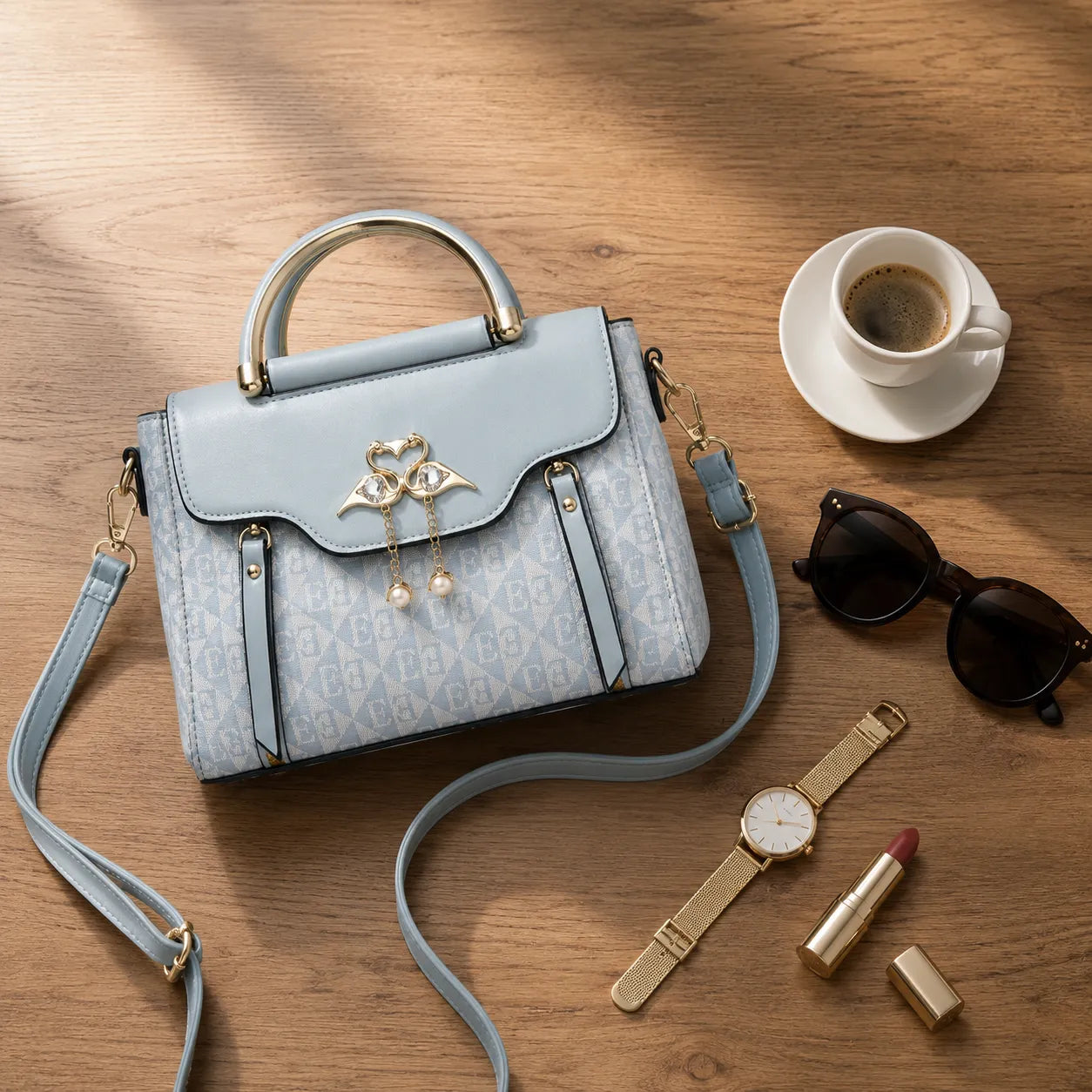 Velora – Swan-Clasp Structured Crossbody Bag with Gold Hardware