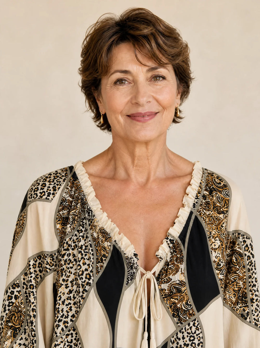 Sorelia – Mixed Print Patchwork Blouse, Leopard & Paisley V Neck