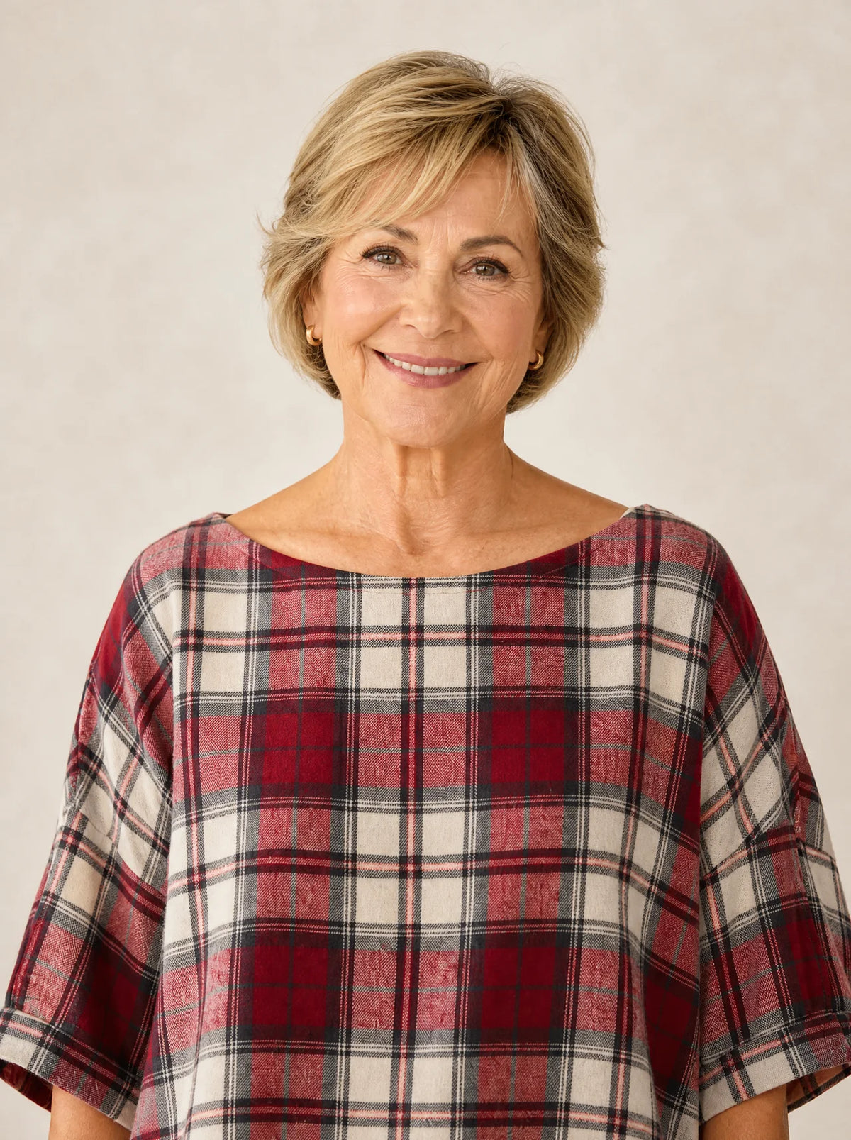 Wrenfield – Plaid Round Neck Blouse with Cuffed Sleeves