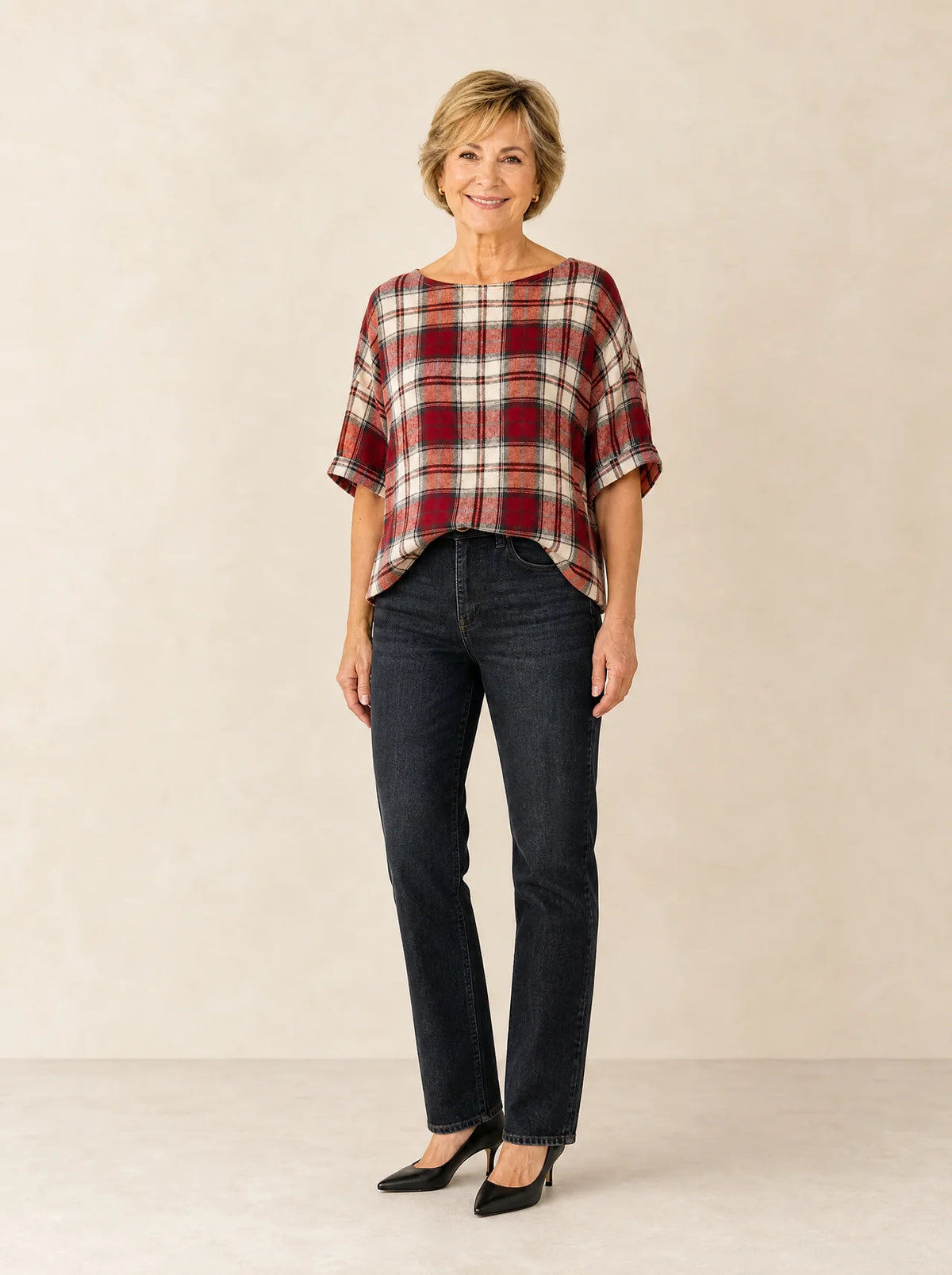 Wrenfield – Plaid Round Neck Blouse with Cuffed Sleeves