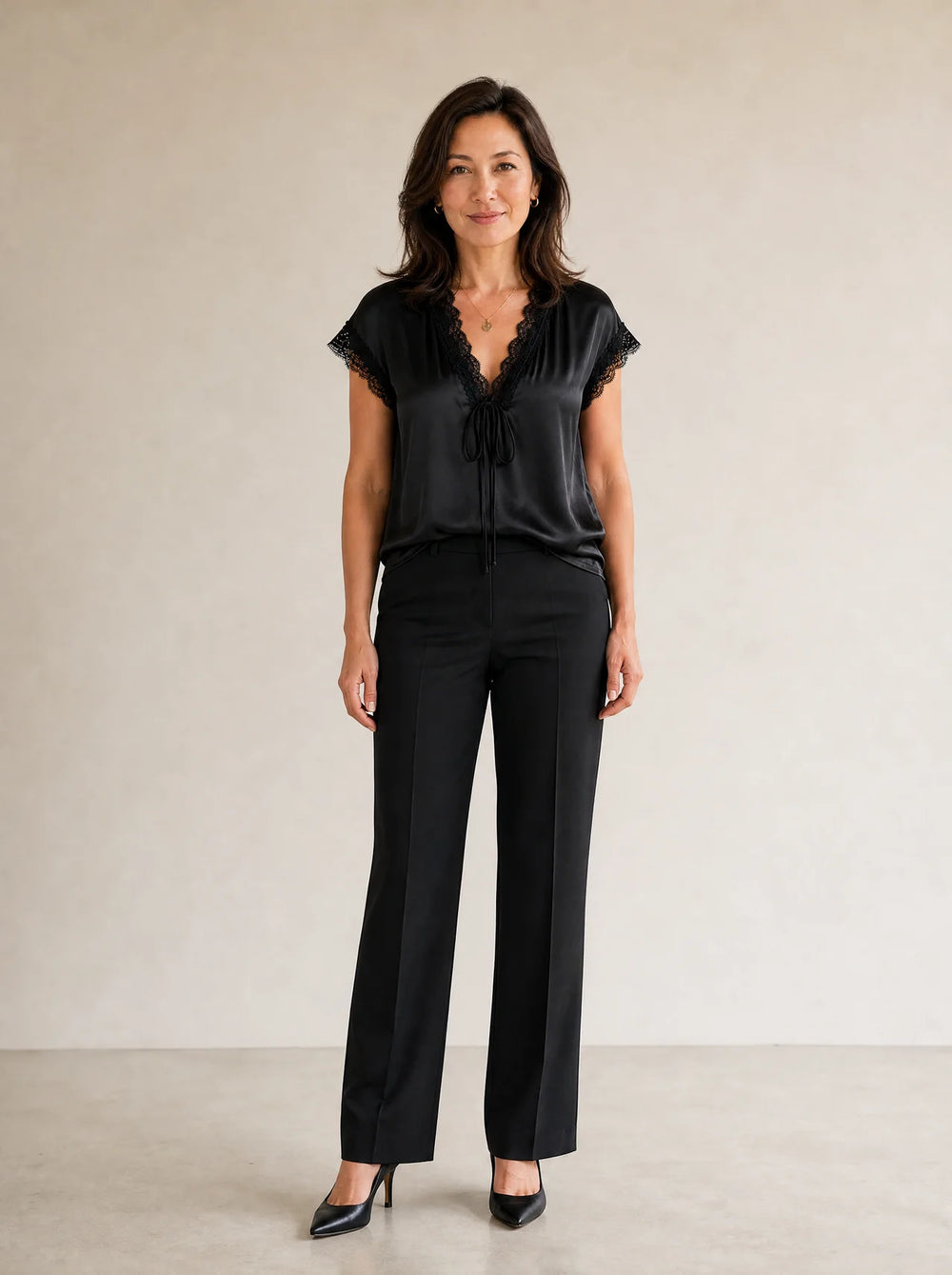 Lyselle – Satin-like Lace V-Neck Tie-Front Blouse for Women
