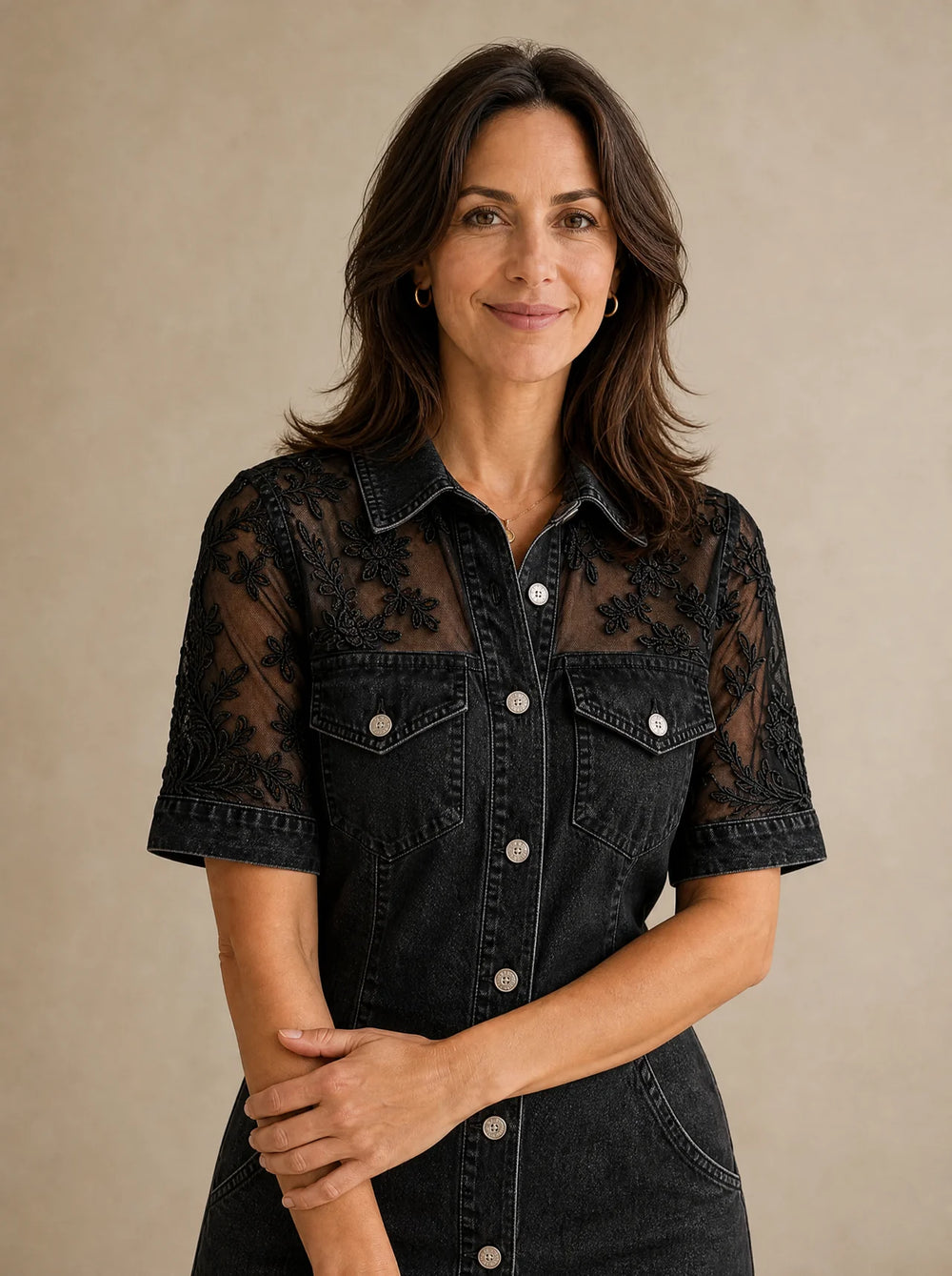 Solenza – Sheer Lace Look Yoke Mini Dress for Women