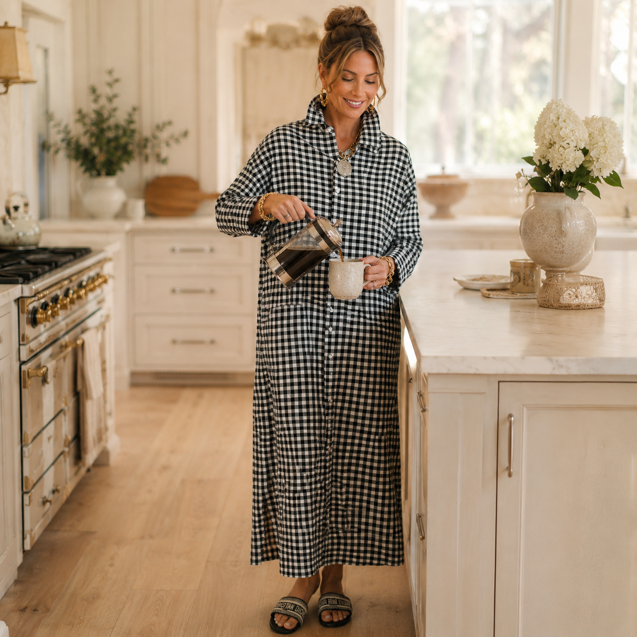Harlowe™ – Gingham Button-Front Maxi Shirt Dress with Side Slits