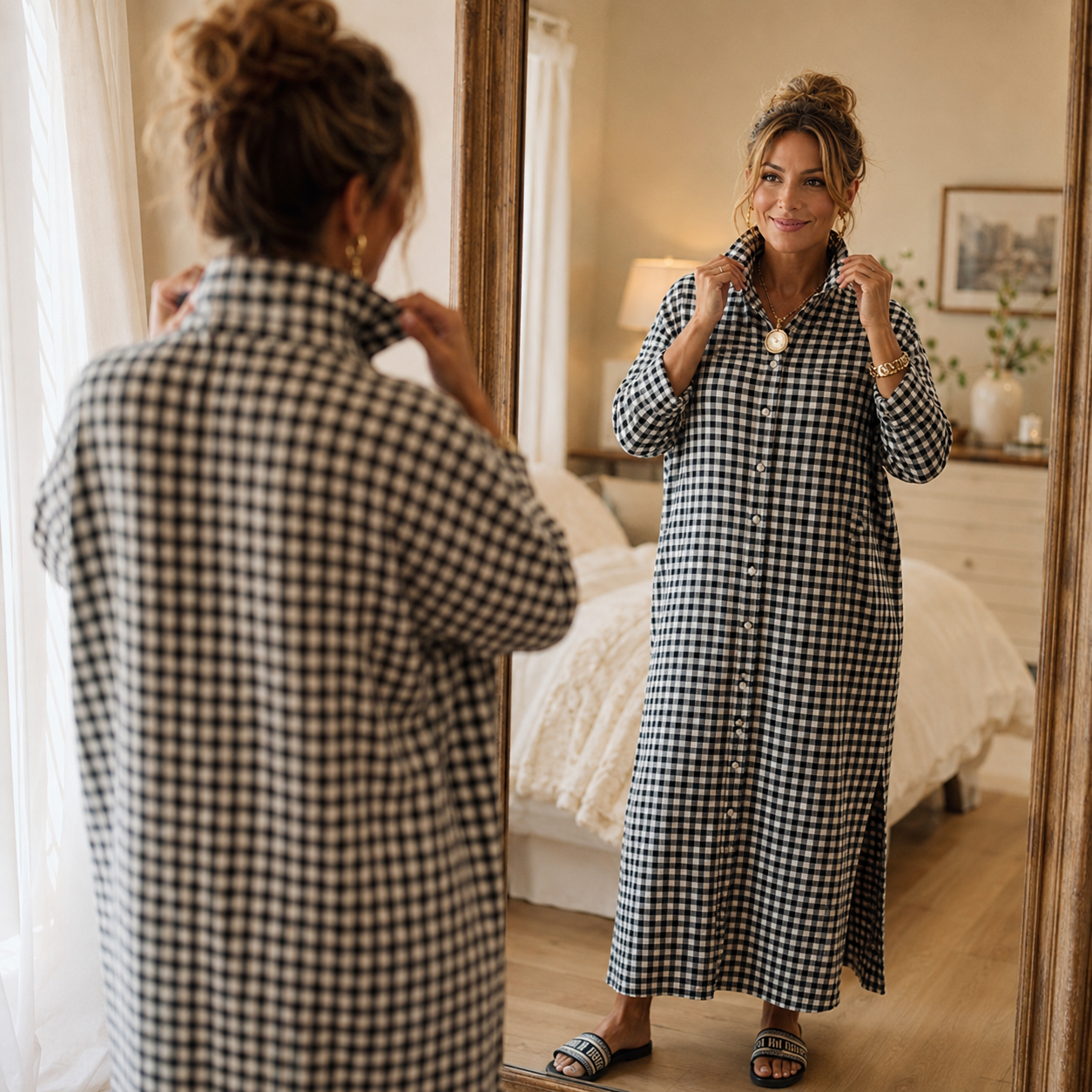Harlowe™ – Gingham Button-Front Maxi Shirt Dress with Side Slits
