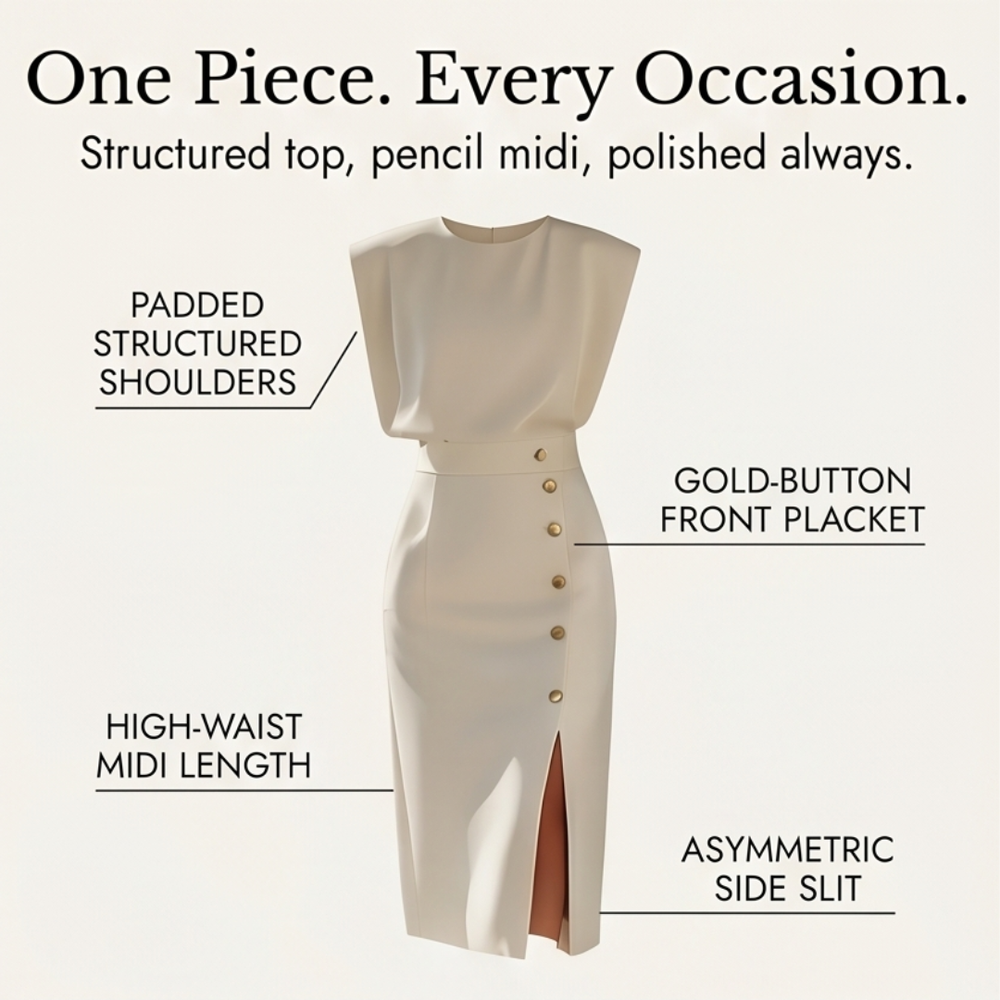 Velora – Women's Gold-Button Slit Midi Dress