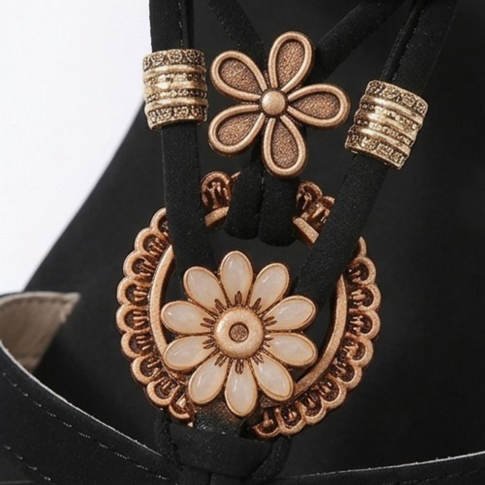 Soluna – Women's Boho Flat Sandals with Gold Floral Charms