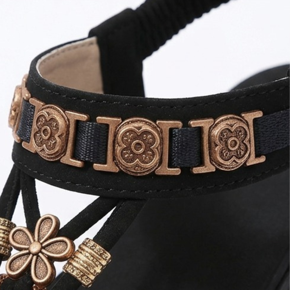 Soluna – Women's Boho Flat Sandals with Gold Floral Charms
