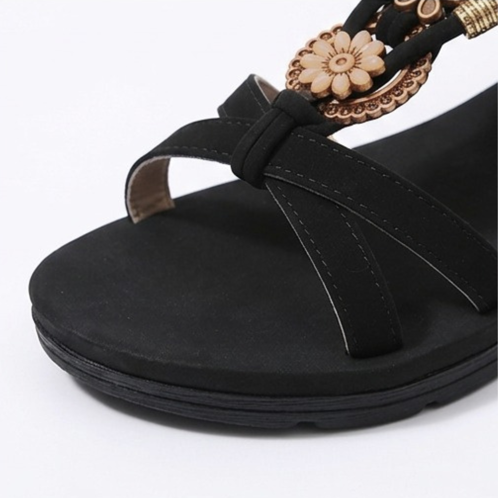 Soluna – Women's Boho Flat Sandals with Gold Floral Charms