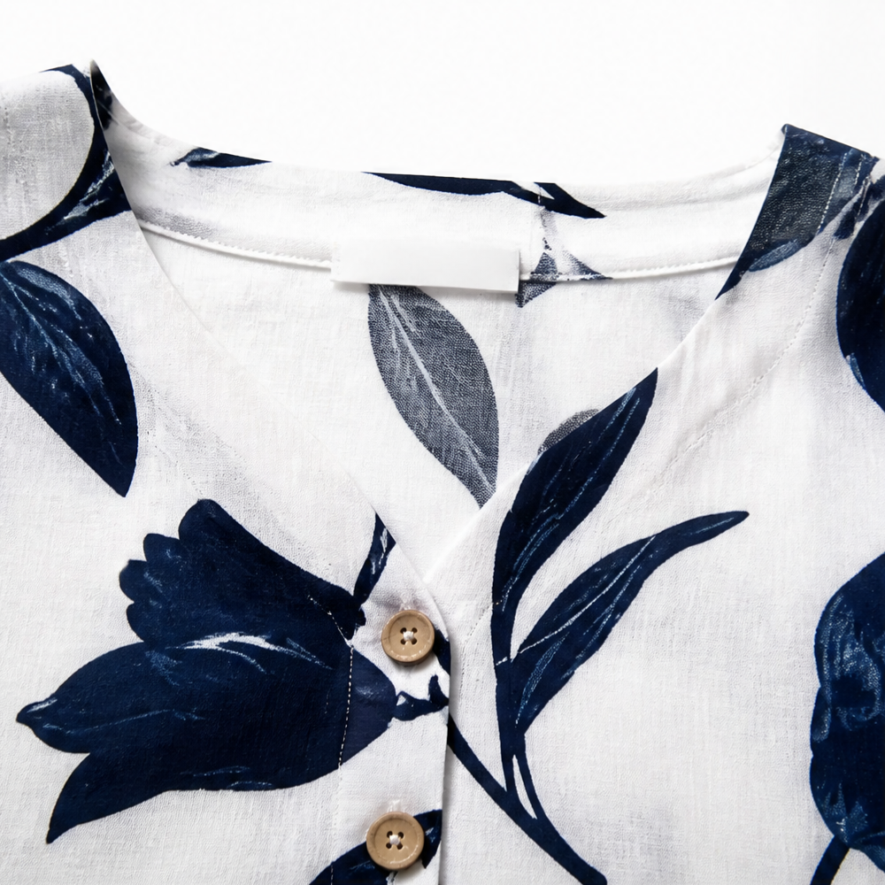 Florelle – Floral Linen V-Neck Popover Blouse with 3/4 Sleeves