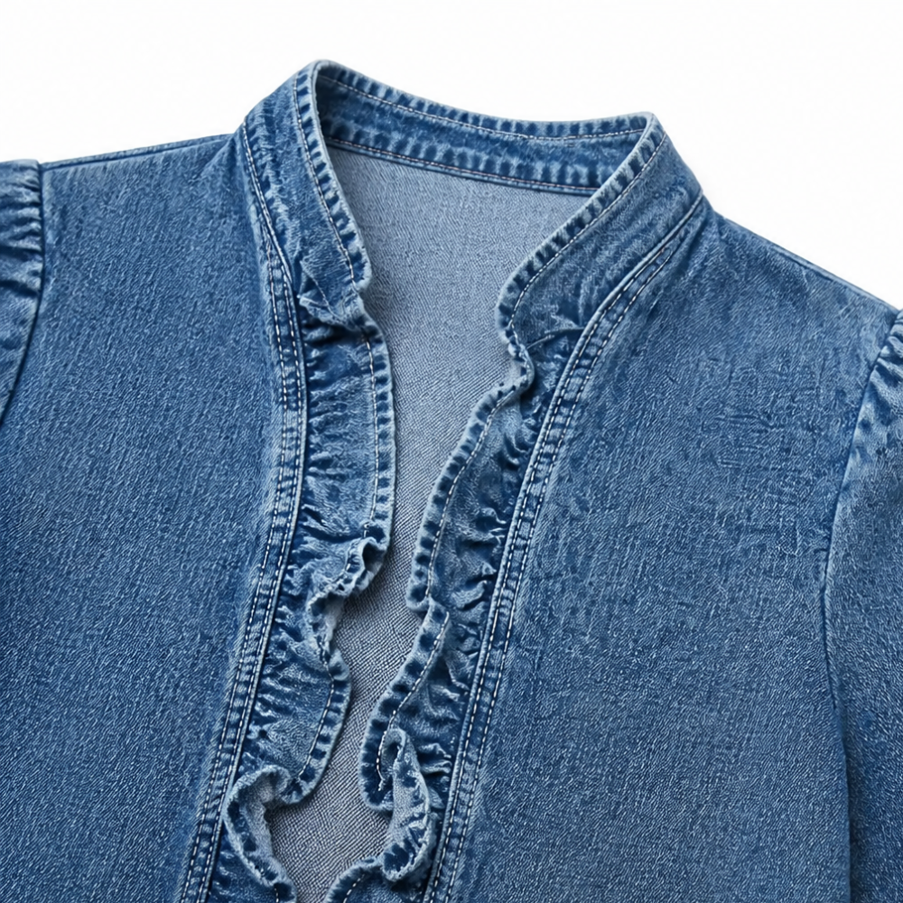 Maelyn™ – Ruffle-trim open-front denim jacket