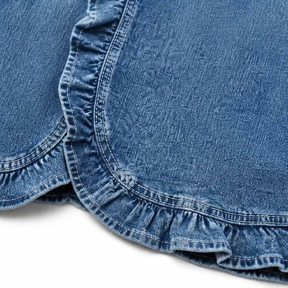 Maelyn™ – Ruffle-trim open-front denim jacket