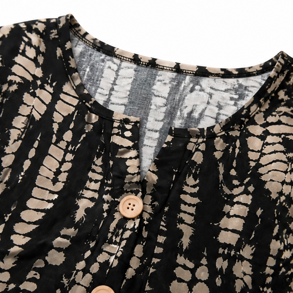 Solara – Printed A-Line Shift Dress with Short Sleeves & Buttons