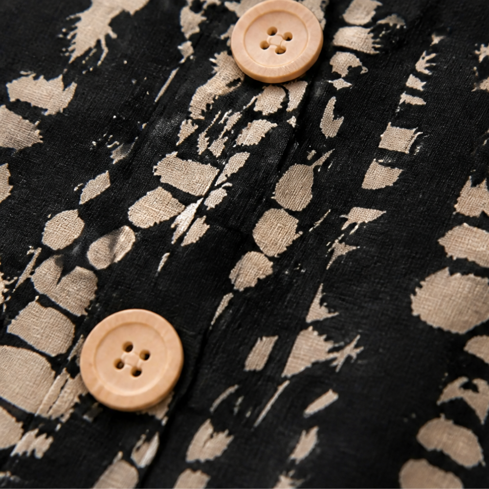 Solara – Printed A-Line Shift Dress with Short Sleeves & Buttons