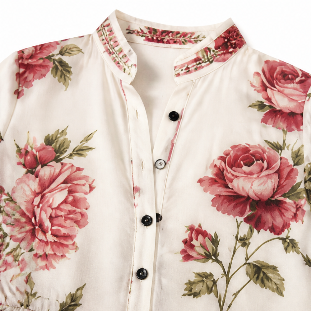 Luvelle™ – Rose Print Button-Front Maxi Dress with Long Sleeves