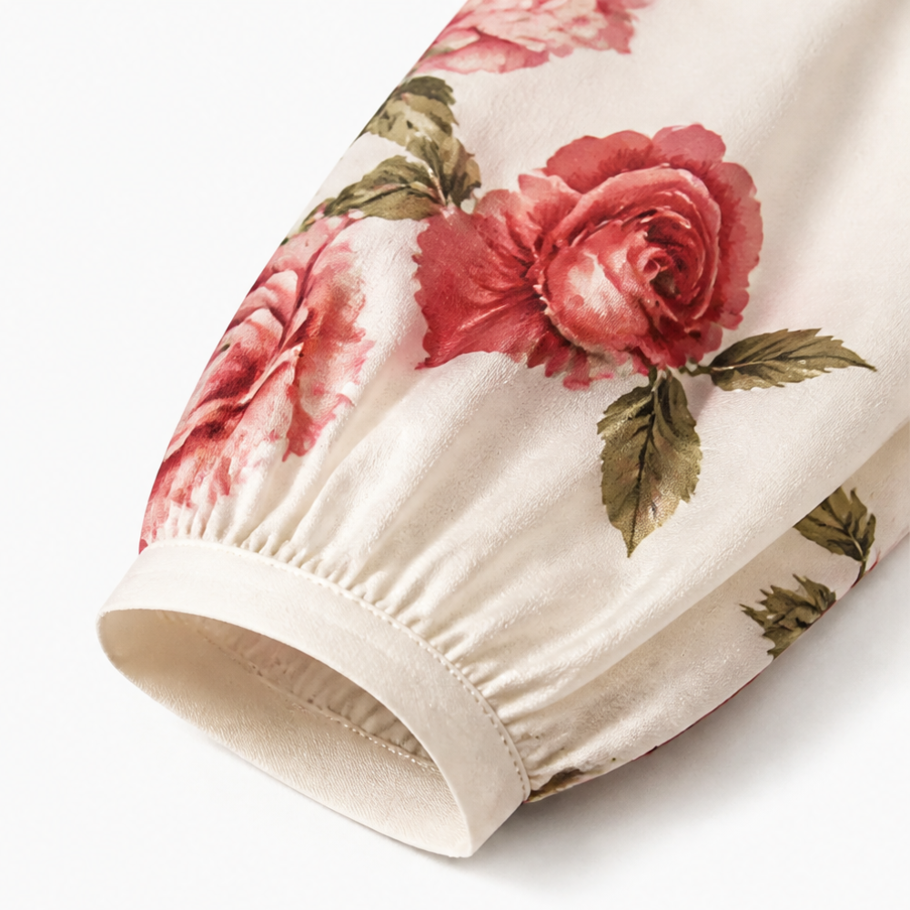 Luvelle™ – Rose Print Button-Front Maxi Dress with Long Sleeves