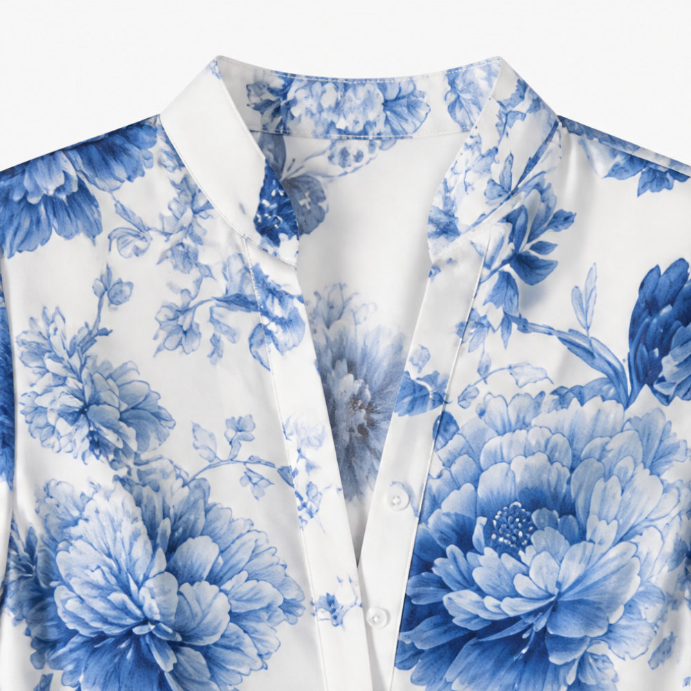 Mirabel™ – Blue Floral Peony Button-Front Maxi Shirt Dress with Pockets