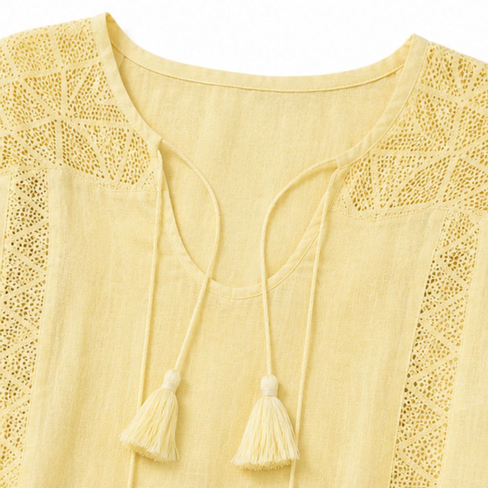 Soraya – Boho Lace Look Blouse with Tassel Tie U-Neck