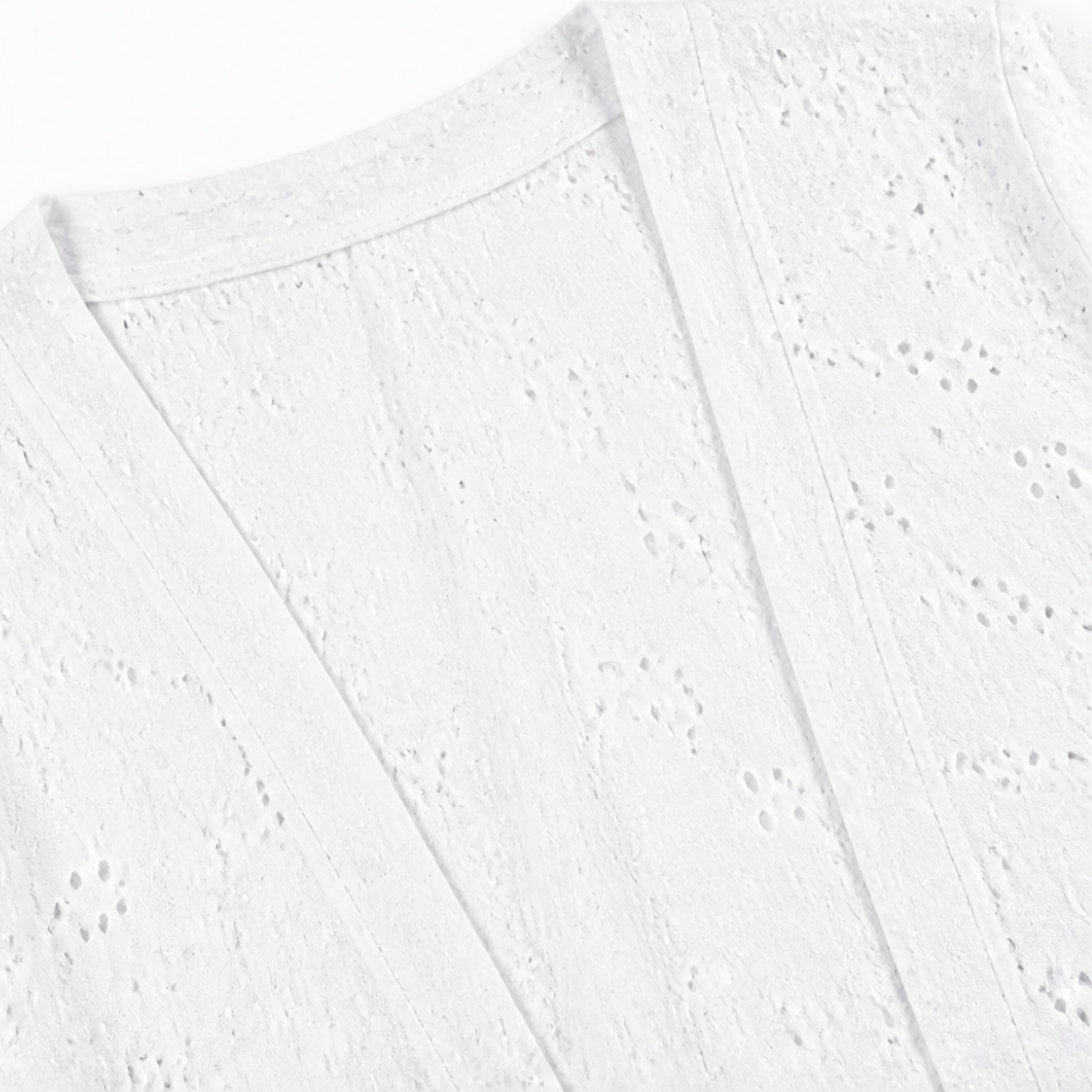 Veluna™ – Lightweight Eyelet Open-Front Cardigan for Women, 3/4 Sleeve Ruffle Hem Summer Layer