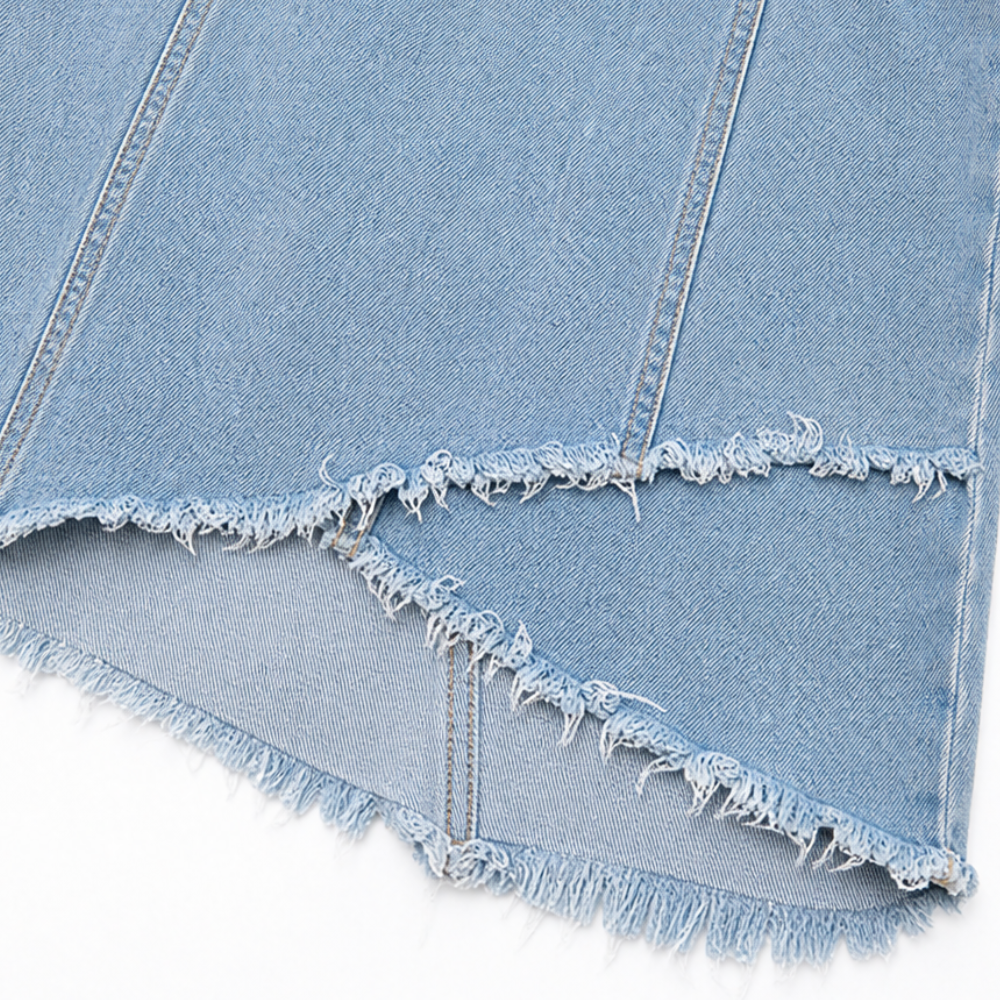 Solera – Cold Shoulder Zip Front Frayed Denim-like Mini Dress