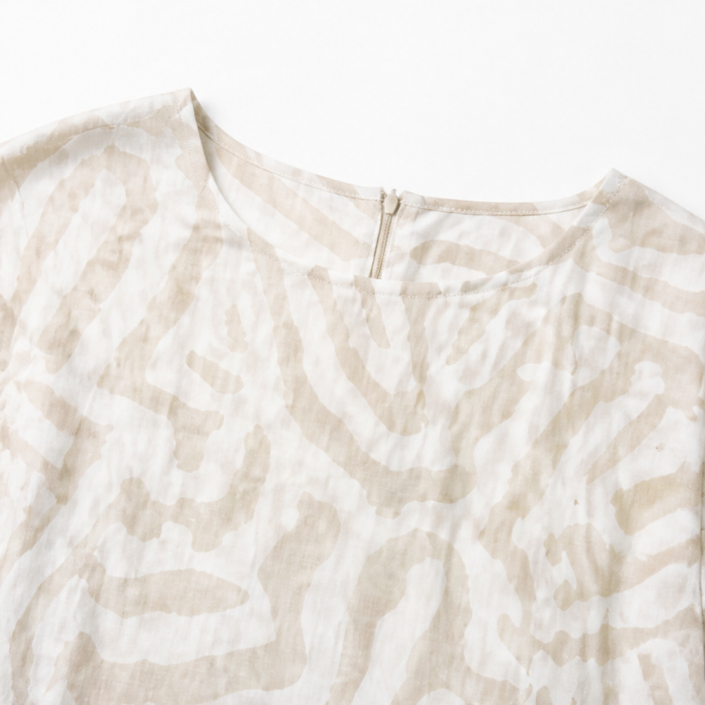 Ingrid™ – Linen Look Midi Shift Dress with Abstract Print, Cap Sleeve