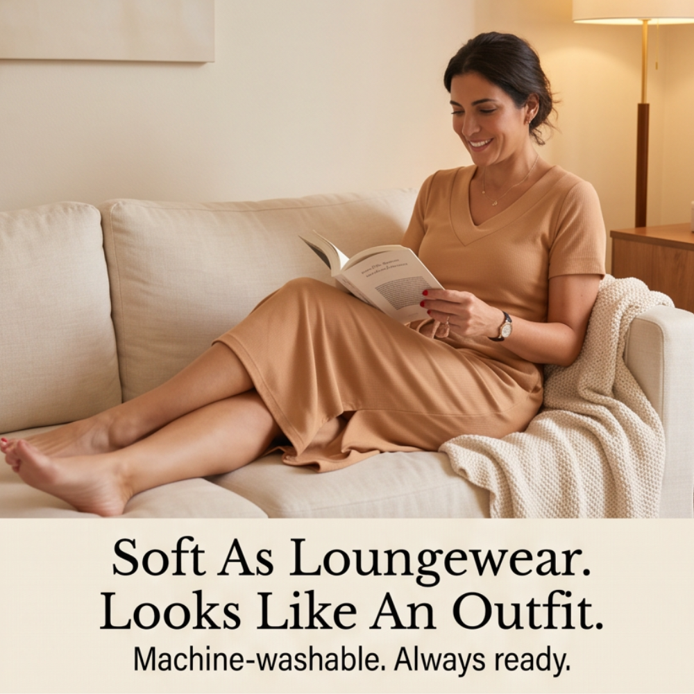 Saviya – Women's Ribbed V-Neck Top and Midi Skirt Set