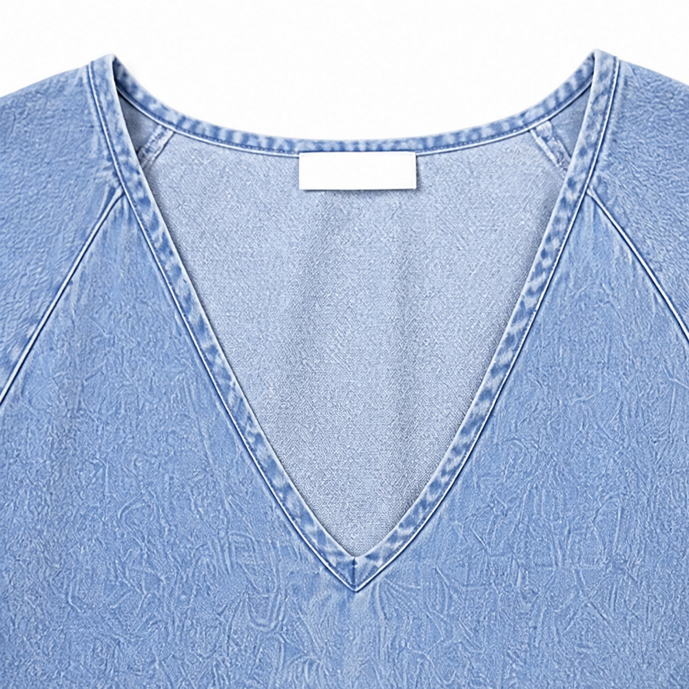 Solène – Women's Puff Sleeve V-Neck Denim Look Babydoll Midi Dress
