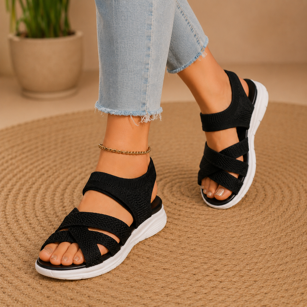 Veluna™ – Cushioned Stretch Knit Cross Strap Sandals for Women