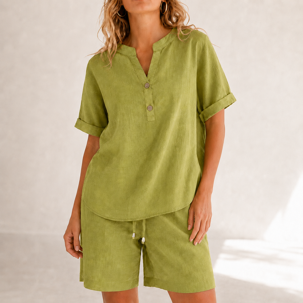 Lunessa™ – Cotton Linen 2 Piece Set Women Henley Top and Drawstring Shorts