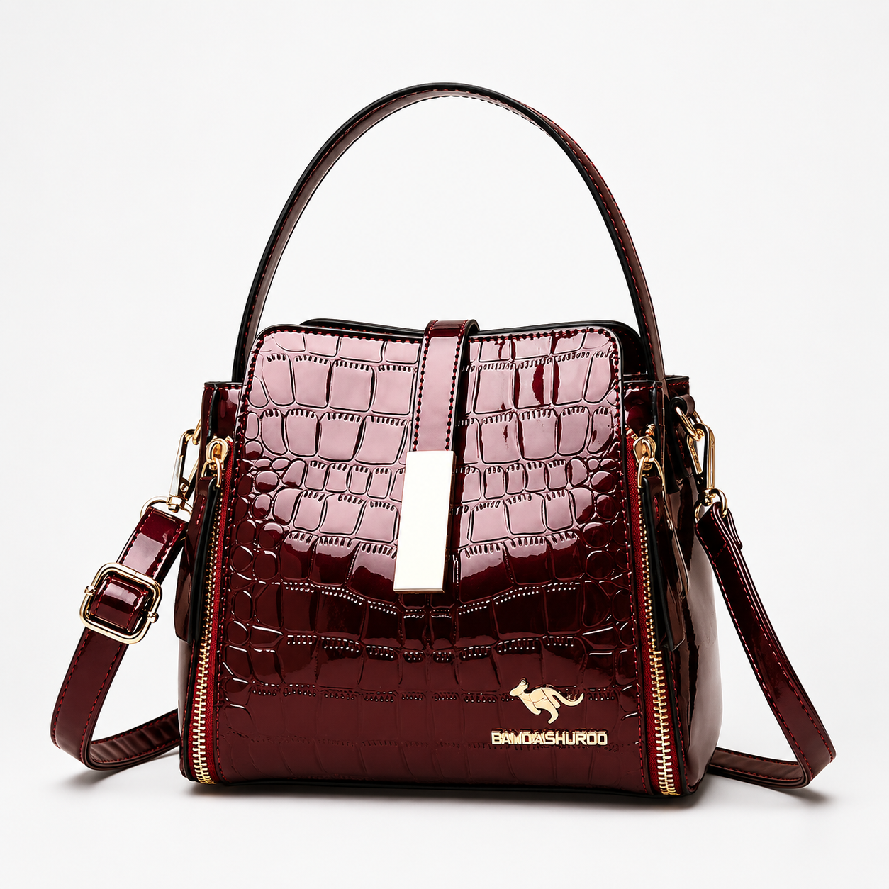 Velora – Glossy Croc Embossed Crossbody Handbag with Gold Hardware