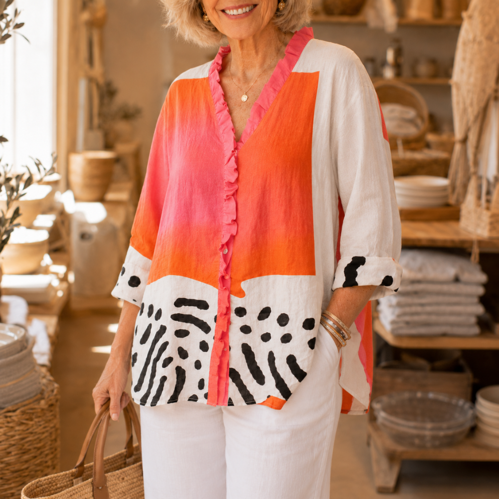 Emma™ – Ruffle Front V Neck Artistic Print Tunic Blouse for Women