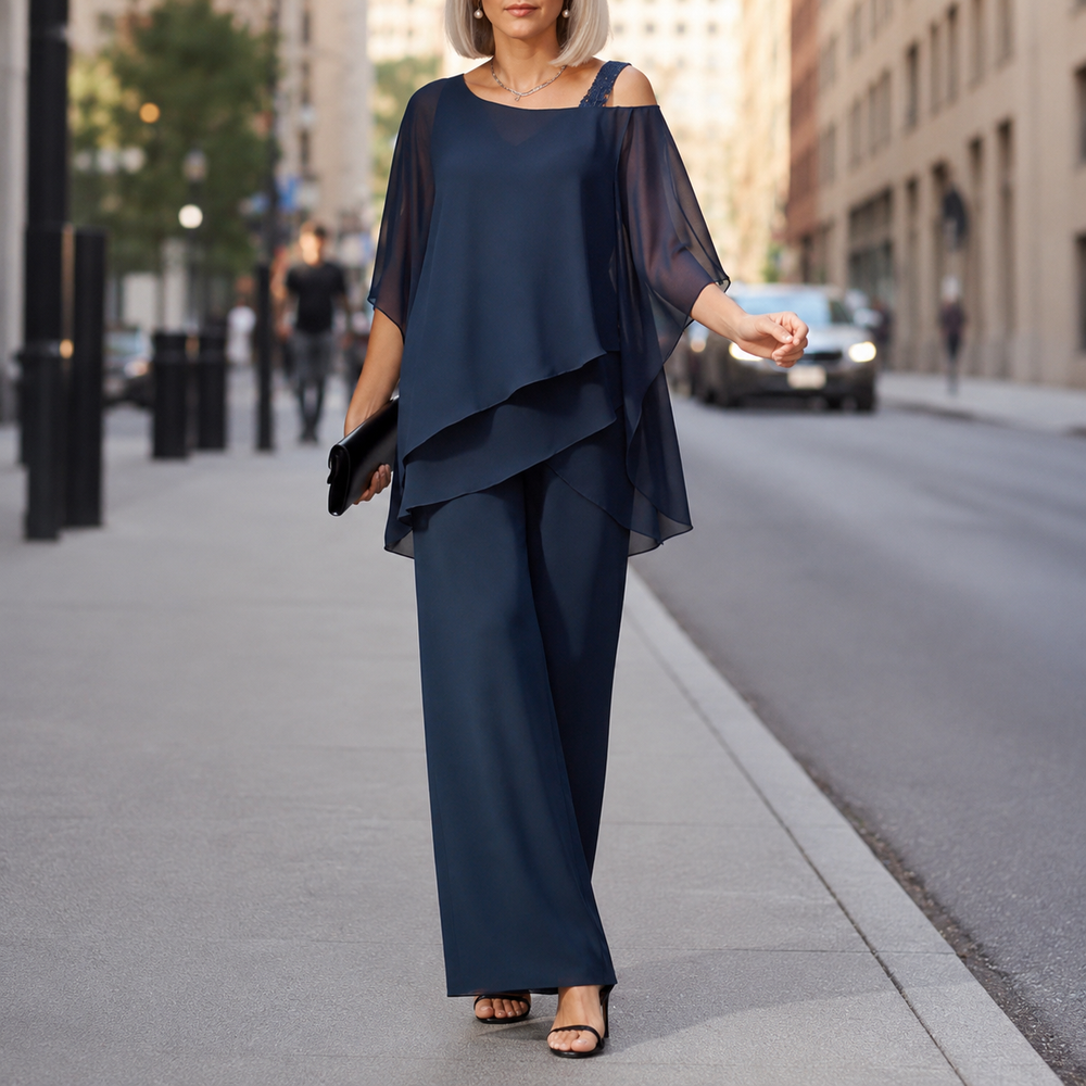 Elorvia™ – Overlay Wide Leg Pantsuit Set for Women