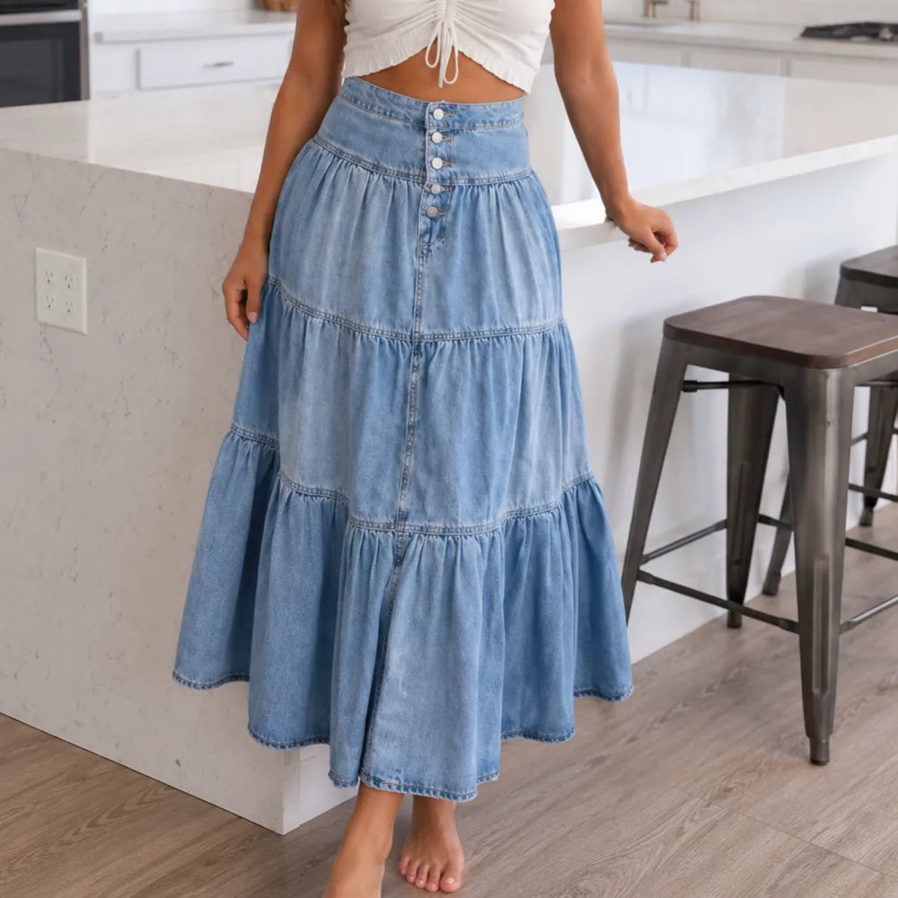 Romella – High Waisted Tiered A-Line Denim Maxi Skirt for Women