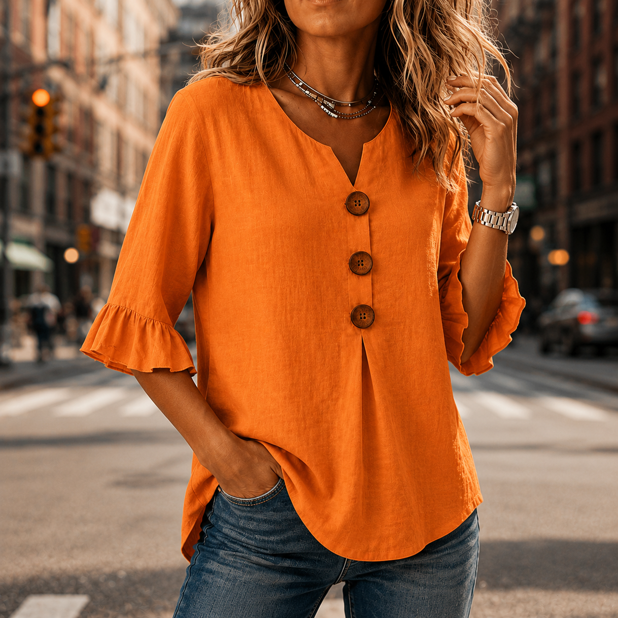 Laurelle™ – V-Neck Ruffle Sleeve Blouse with Buttons