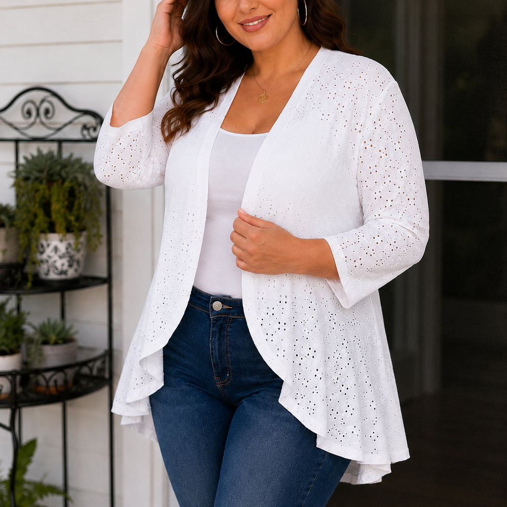 Veluna™ – Lightweight Eyelet Open-Front Cardigan for Women, 3/4 Sleeve Ruffle Hem Summer Layer