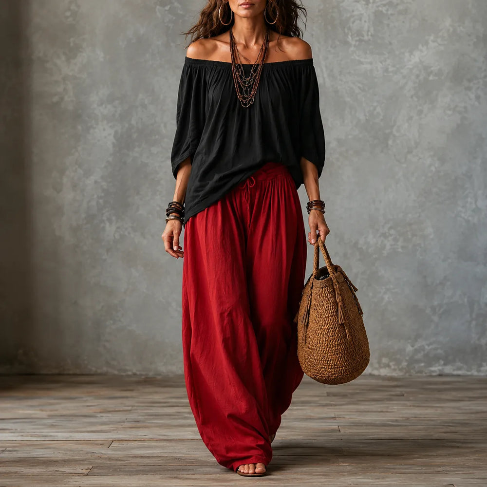 Solenza – Off-Shoulder Boho Top and Lantern Pants Set for Women