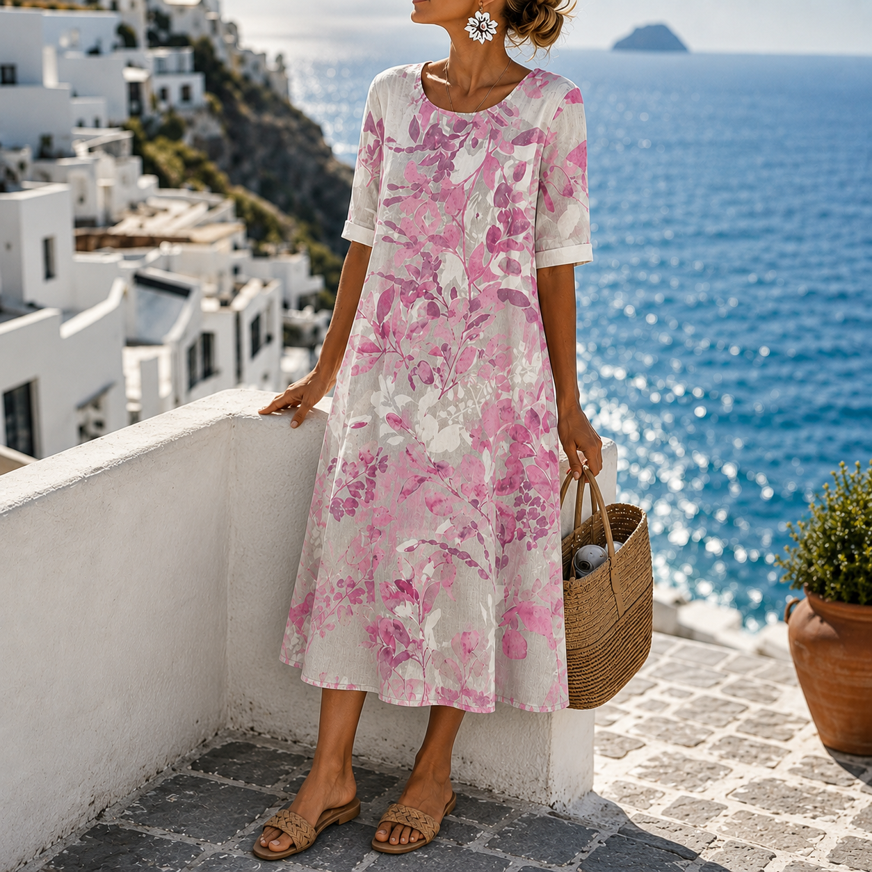 Marivelle™ – Botanical Print Midi Shift Dress with Pockets