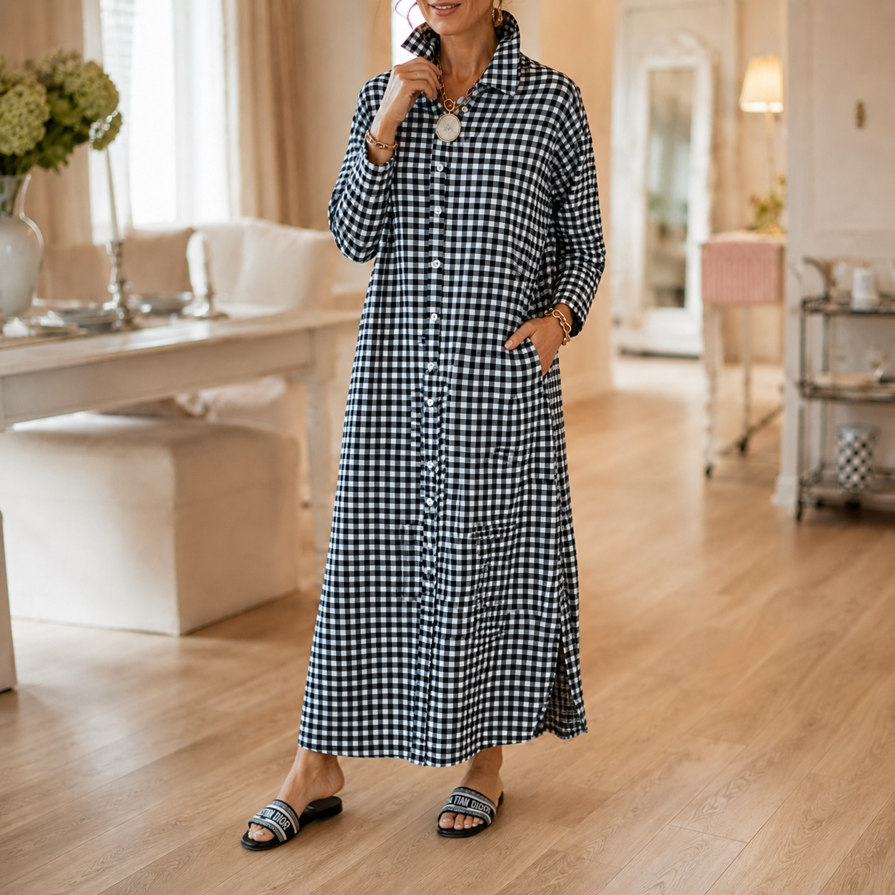 Harlowe™ – Gingham Button-Front Maxi Shirt Dress with Side Slits