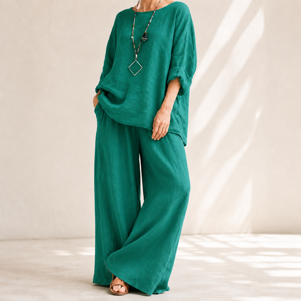Lunavia™ – Oversized Cotton-Linen Two-Piece Set with Wide-Leg Pants