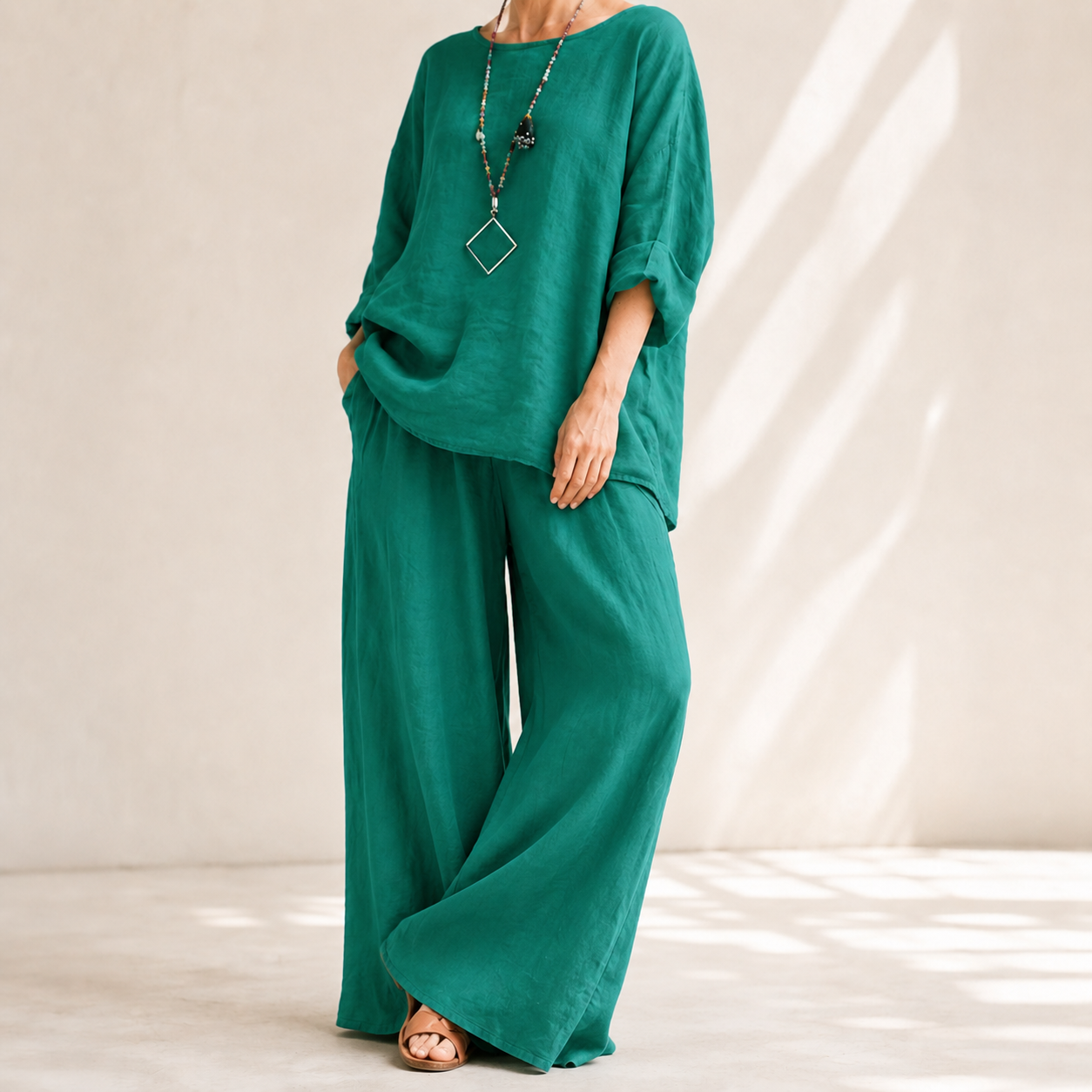Lunavia™ – Oversized Cotton-Linen Two-Piece Set with Wide-Leg Pants