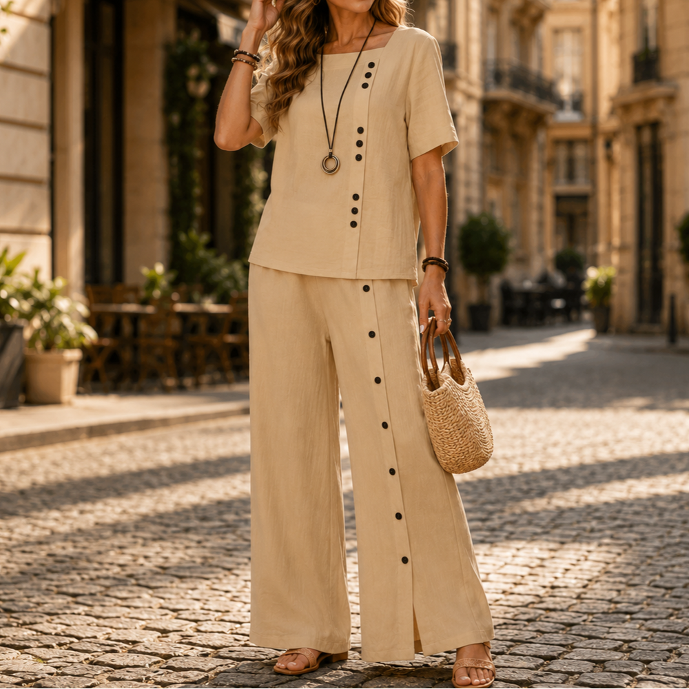 Lunelle™ – Women's Linen 2-Piece Set with Wide-Leg Pants and Button Detail