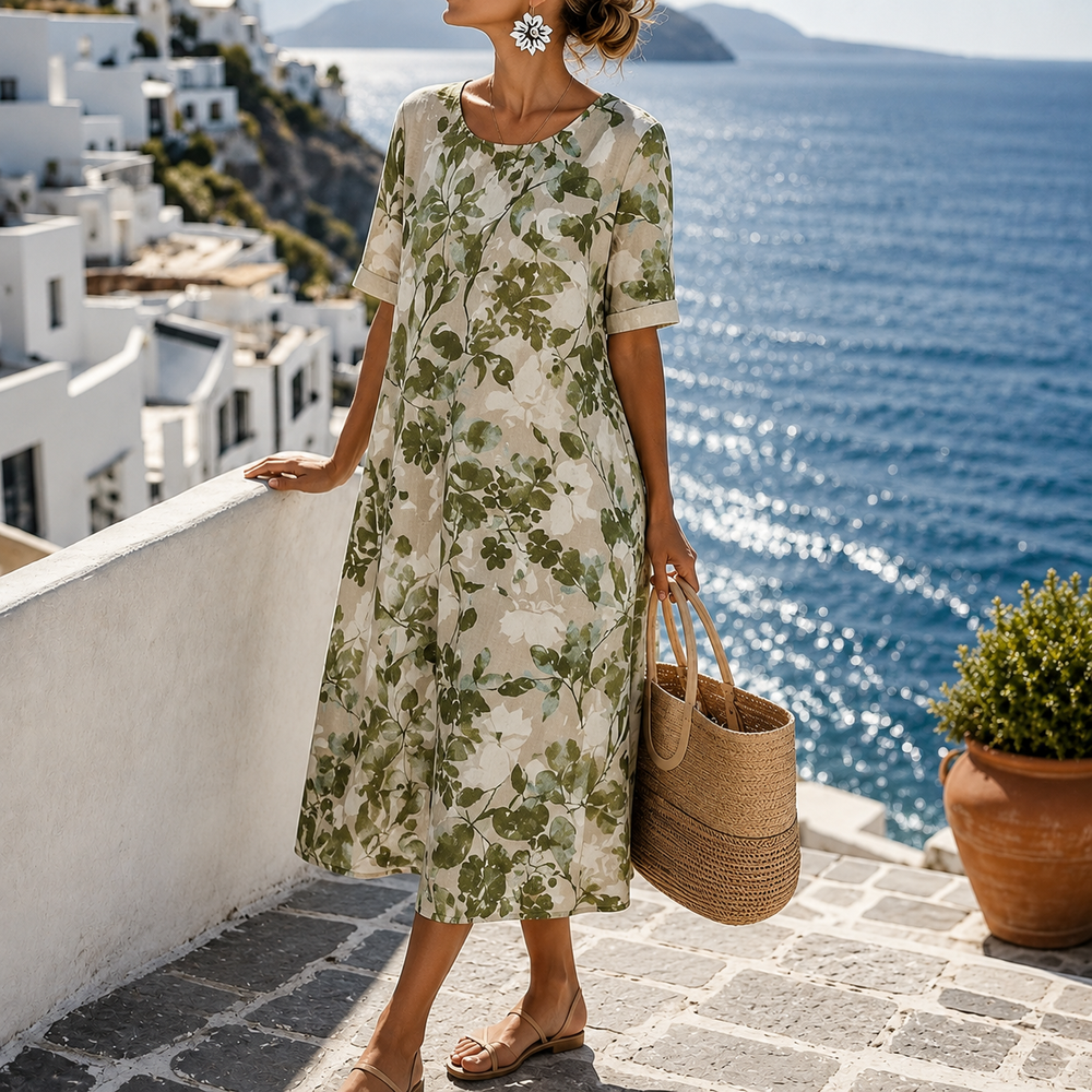 Marivelle™ – Botanical Print Midi Shift Dress with Pockets