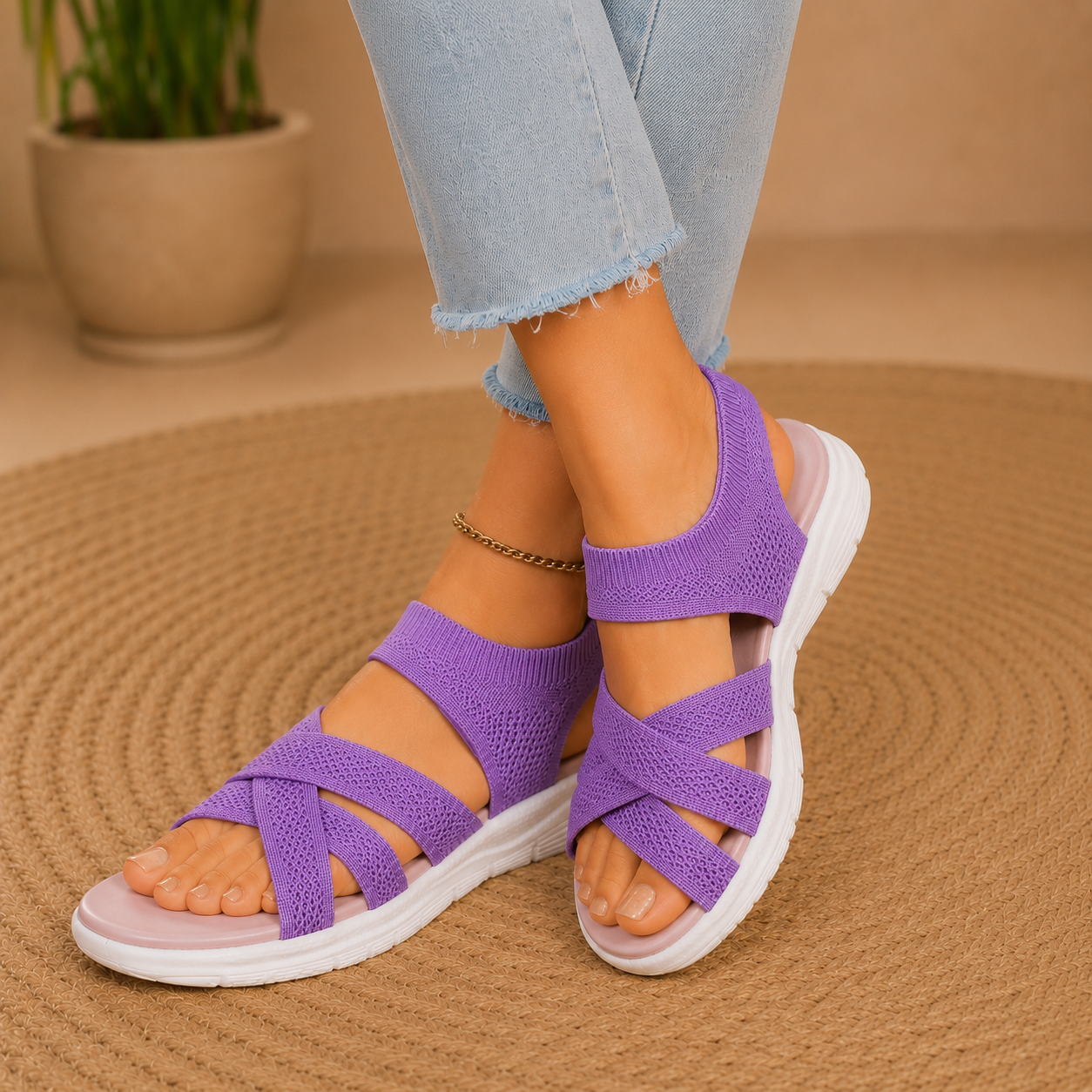 Veluna™ – Cushioned Stretch Knit Cross Strap Sandals for Women