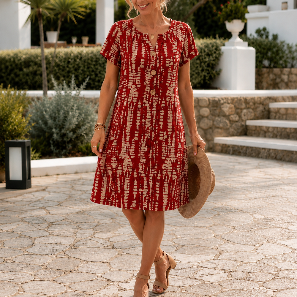 Solara – Printed A-Line Shift Dress with Short Sleeves & Buttons