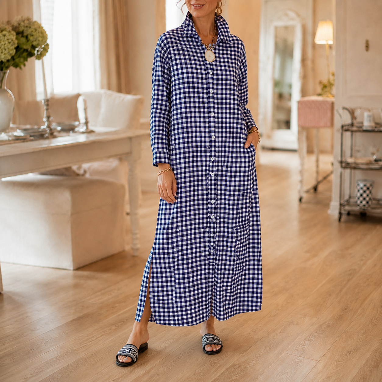 Harlowe™ – Gingham Button-Front Maxi Shirt Dress with Side Slits