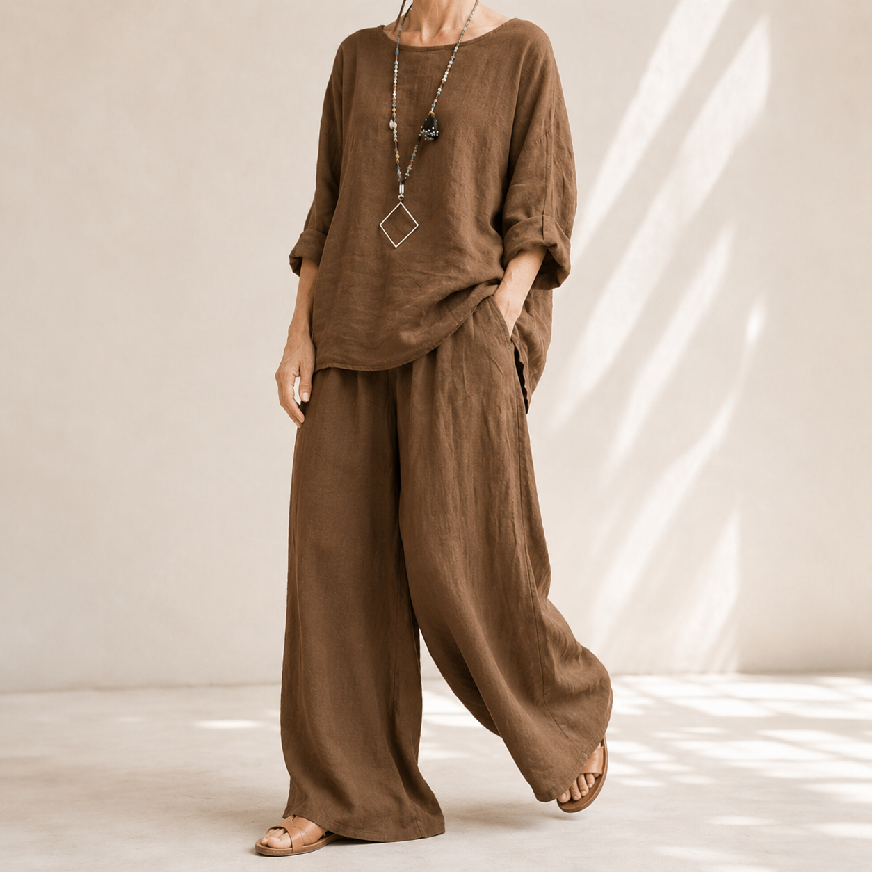 Lunavia™ – Oversized Cotton-Linen Two-Piece Set with Wide-Leg Pants