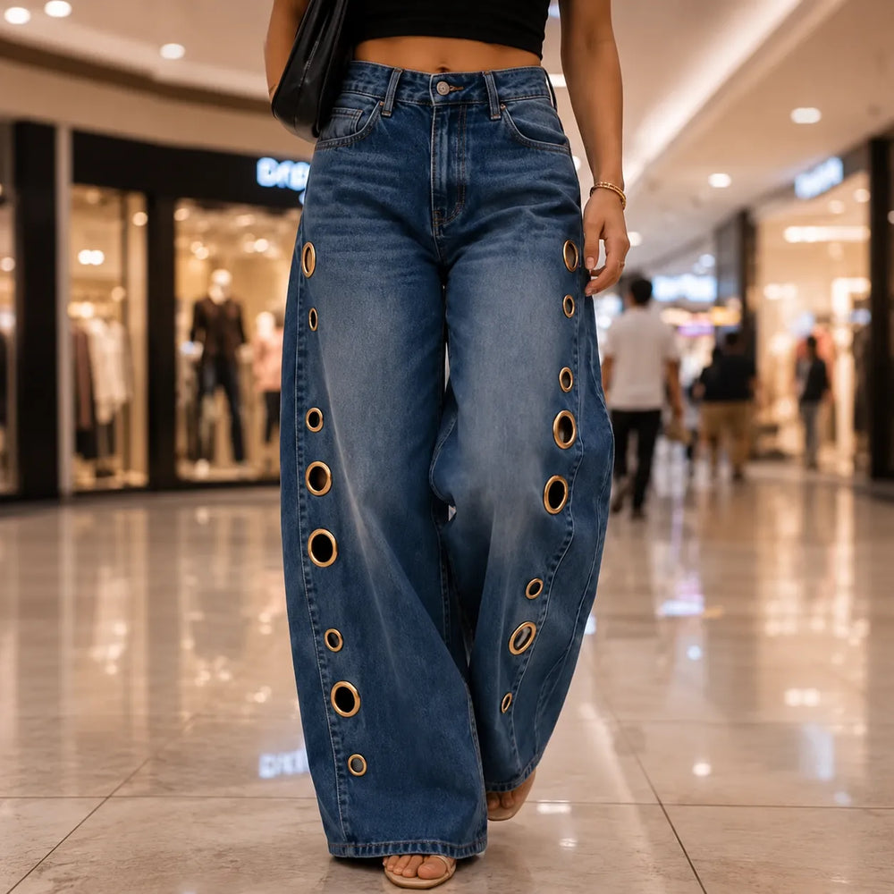 Velmora – Wide Leg Jeans with Brass Grommet Side Detail, High Rise
