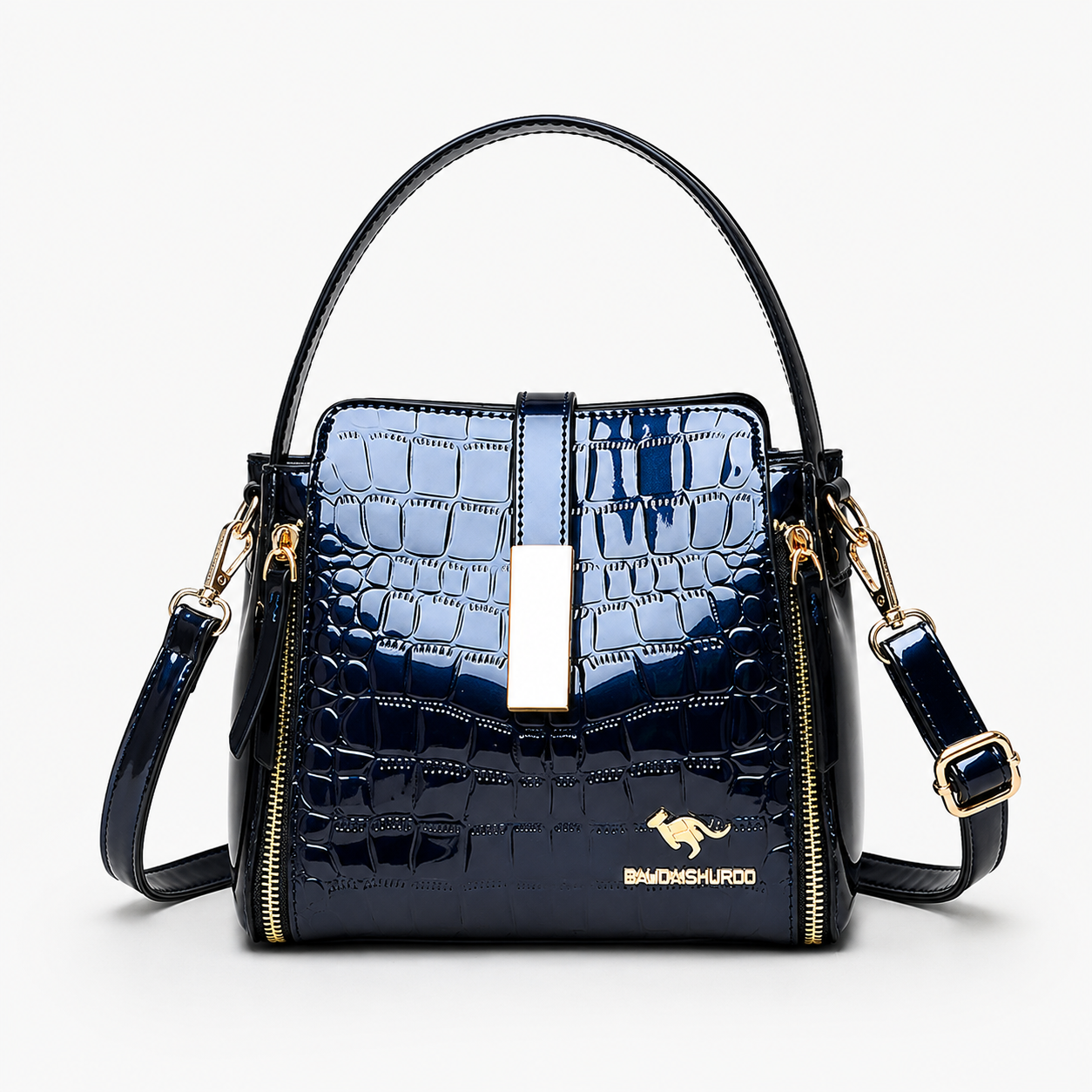 Velora – Glossy Croc Embossed Crossbody Handbag with Gold Hardware